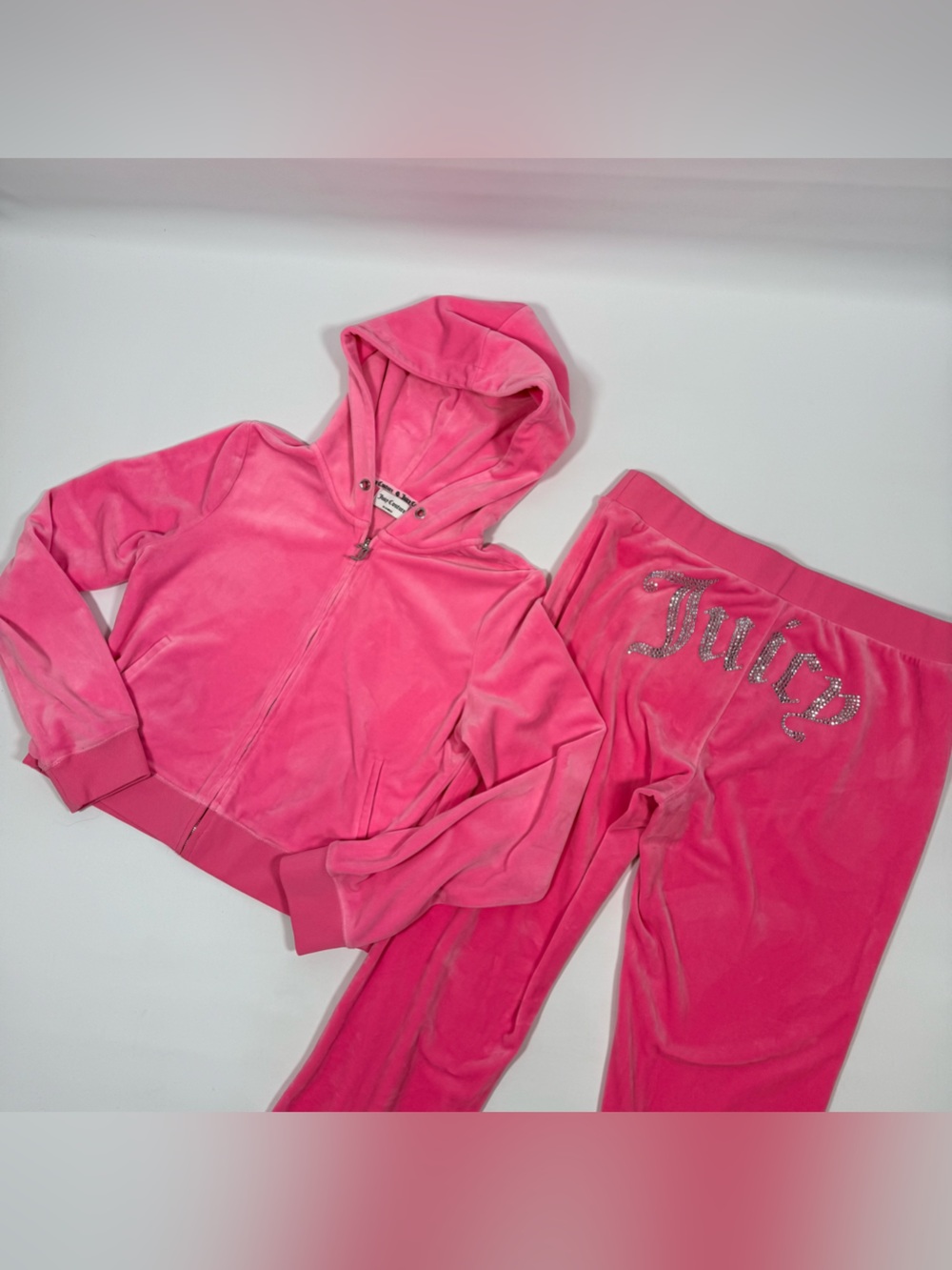 Juicy Couture Pink Velour Hoodie & Sweatpants Track Suit Rhinestone Y2K Size L